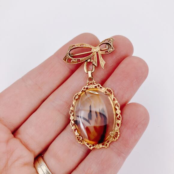 Vintage 1940s 12K Gold Filled Bow Brooch Gemstone Cabochon Mid Century Pin - Picture 2 of 14